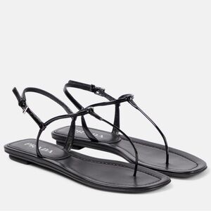 Prada Black Patent Leather open square toe flat thong sandals EU 37